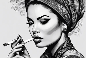 Woman smoking and ad the end ofmthe smoke apears a eye with a tear tattoo idea