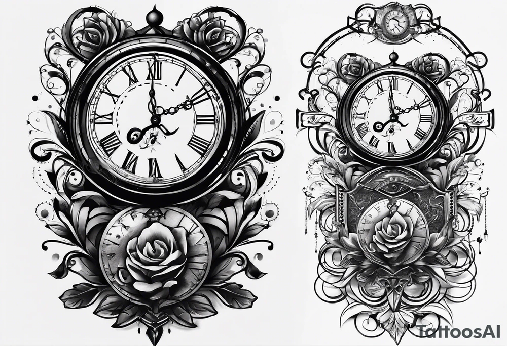 Draw me a tattoo located on the shoulder and upper arm of a man. The tattoo represents a clock and  an hourglass with Roman numerals in the background. It is a symbol of the passing of time. tattoo idea