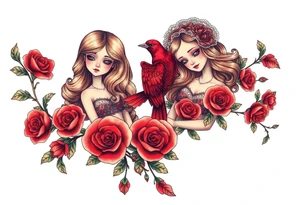 Vintage dollies, red roses, lace, red bird, vintage, wrap around, tighter together, no space open tattoo idea