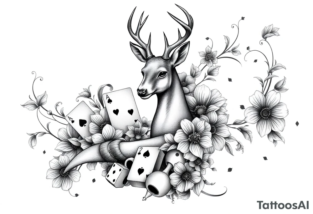Casino theme with deer cards, dice poker, chips, and flowers and swirls in the background for a sleeve half sleeve tattoo idea
