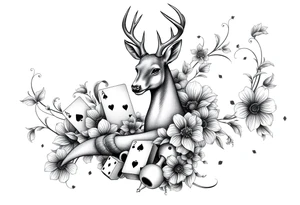 Casino theme with deer cards, dice poker, chips, and flowers and swirls in the background for a sleeve half sleeve tattoo idea