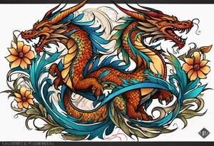 roaring dragons painted with Anishinaabe floral all over tattoo idea