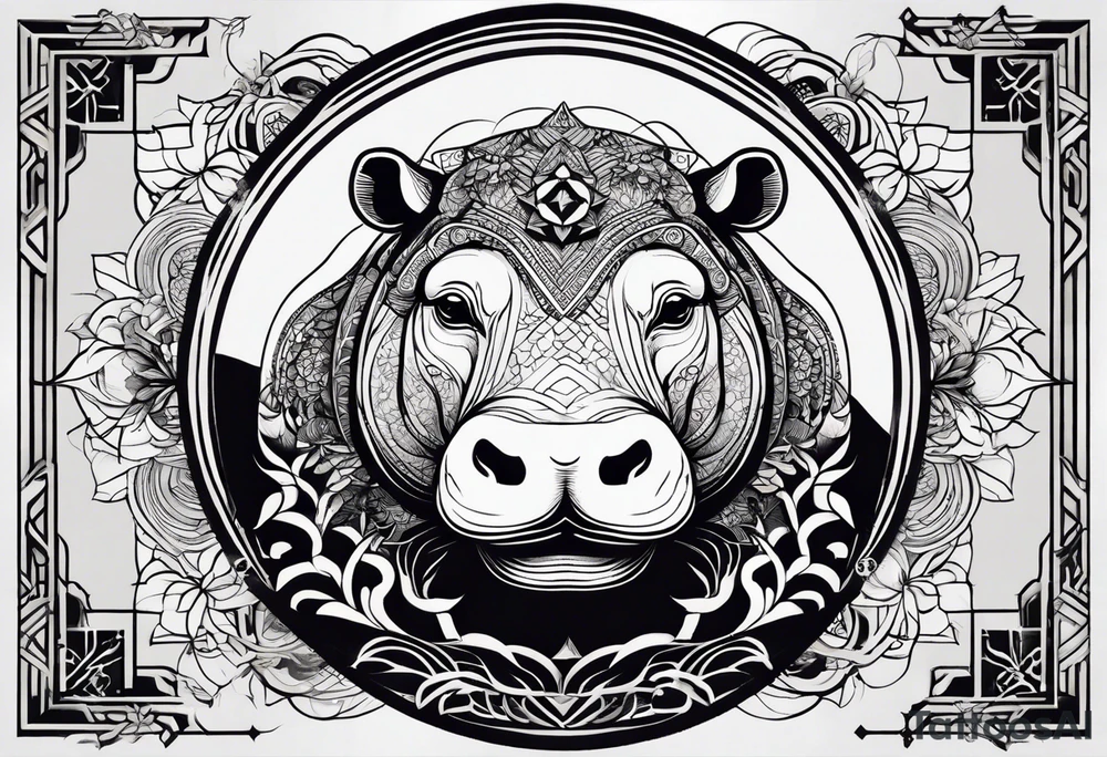 Very asymmetrical, +geometric pattern, with realistic full moon, with serious looking hippo, +zen feel, + Buddhism touch, +tribal, +geometric, +inkart 
with wintersweet flower bud, +portrait orientation, +inkart touch, tattoo idea