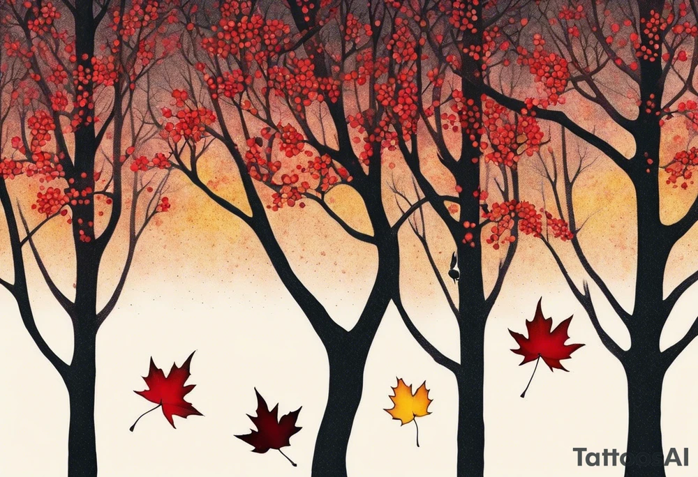 Arm tattoo. Long tattoo. Full sleeve. Shoulder. A single large maple tree with red autumn leaves that branches upwards from wrist to shoulder. White-throated dipper bird on the trees branches. Calluna flowers at the base of the trees stem. Tree stem has dark colors. Red/yellow sunset behind the trees stem. Leaves falling. tattoo idea