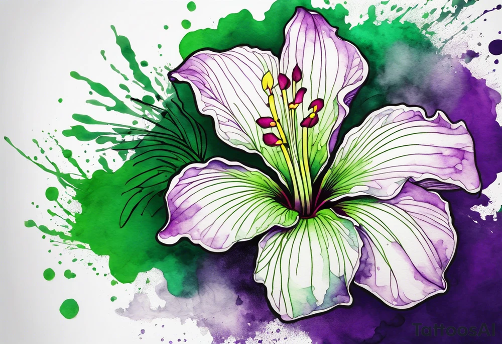 A mystical outline of a green and purple rio dipladenia flower and a green and purple watercolor splash in the background tattoo idea