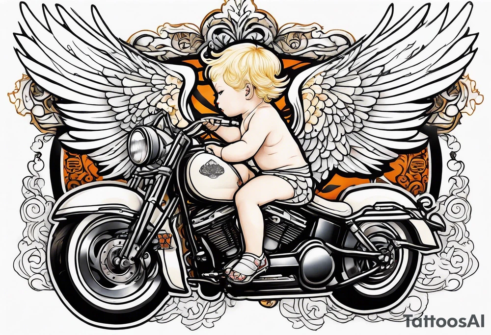 white, blonde cherub with harley davidson wings tattoo idea