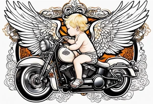 white, blonde cherub with harley davidson wings tattoo idea