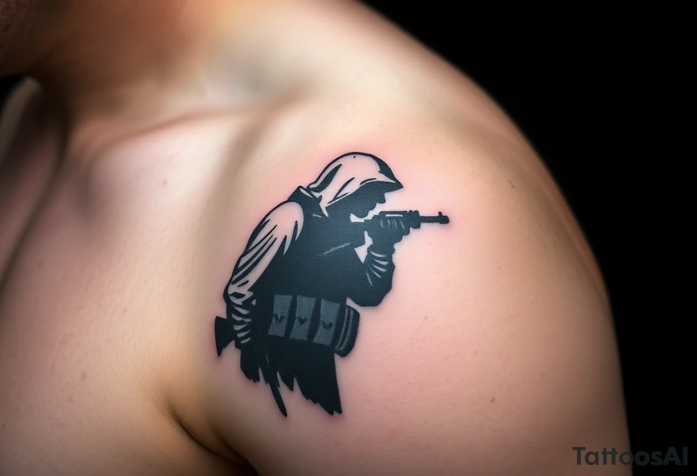 Minimalist covert operative symbolism representing loyalty and survival, faceless soldier silhouette emerging from darkness, torn fabric, subtle scars, controlled posture, black and grey realism, emotional restraint, understated strength, tattoo sleeve element. tattoo idea