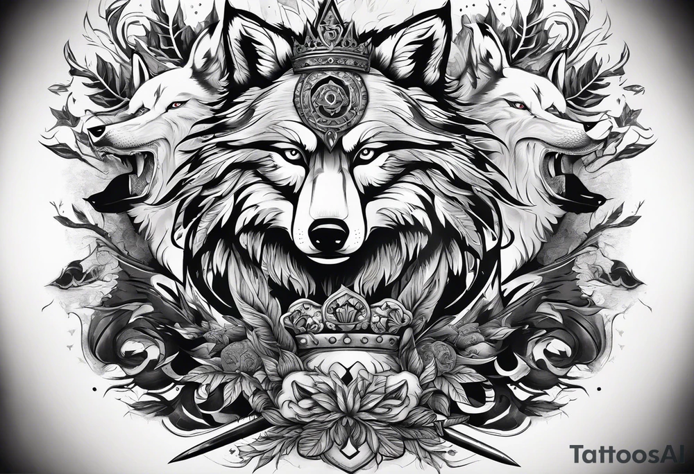 Create a vision of arm tattoo sleeve with combination of sword, crown, tree and three wolves to represent clients family roots tattoo idea