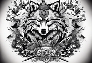 Create a vision of arm tattoo sleeve with combination of sword, crown, tree and three wolves to represent clients family roots tattoo idea