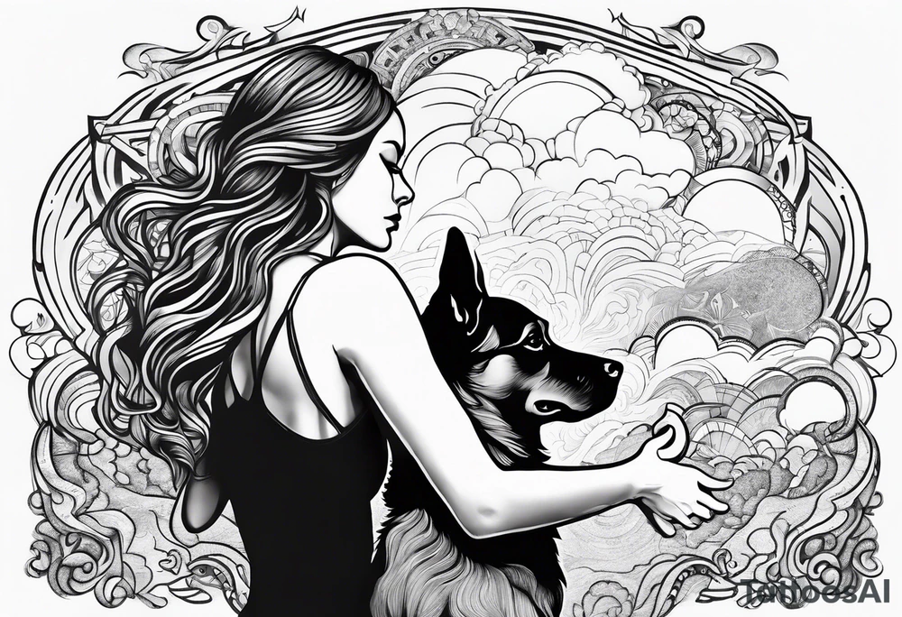 dog in the sky reaching hand of a woman and woman as her back facing us tattoo idea