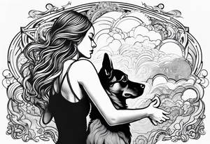 dog in the sky reaching hand of a woman and woman as her back facing us tattoo idea
