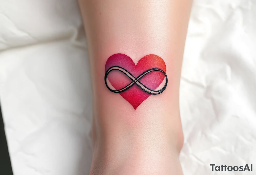 A gradient-style tattoo transitioning from a black infinity loop to a vivid ruby-red heart. tattoo idea