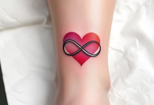 A gradient-style tattoo transitioning from a black infinity loop to a vivid ruby-red heart. tattoo idea