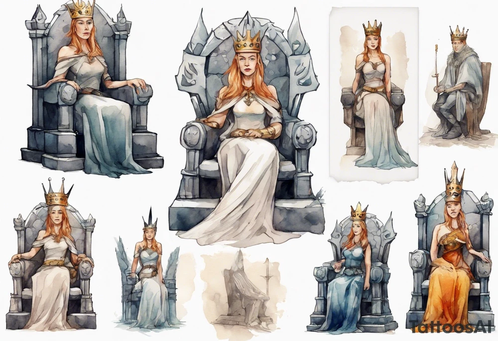 a Germanic queen wearing a simple iron crown sitting on a stone throne tattoo idea