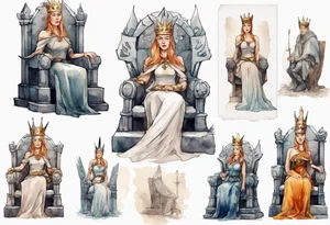 a Germanic queen wearing a simple iron crown sitting on a stone throne tattoo idea
