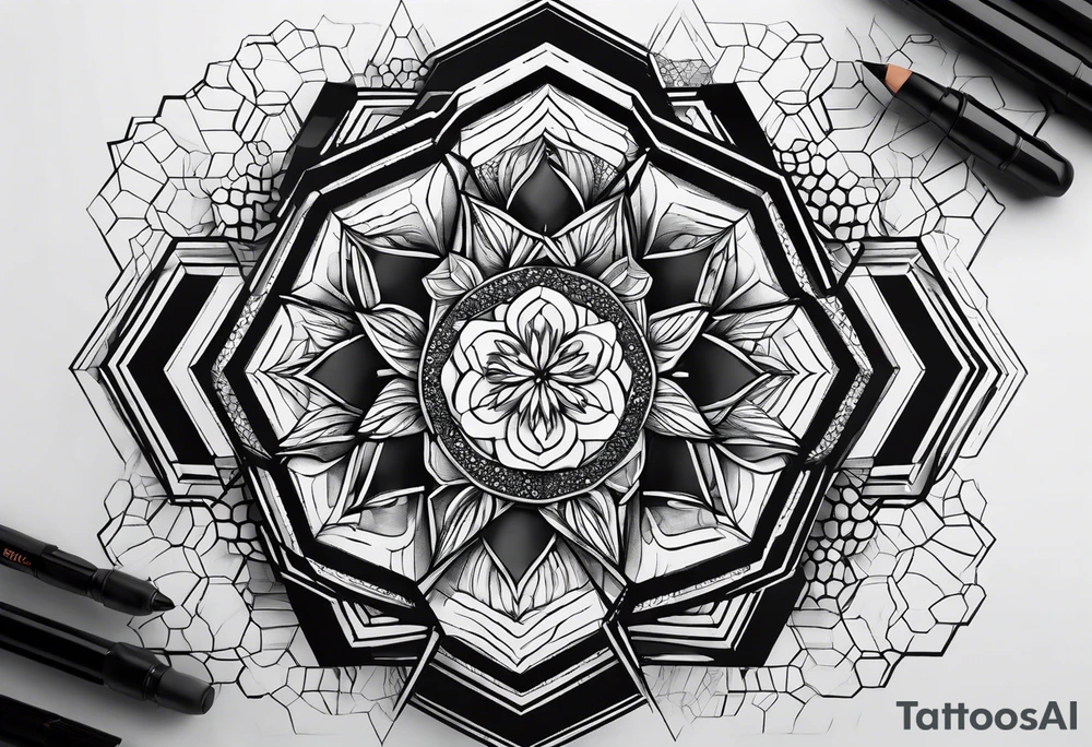 Draw twelve black and white adjacent hexagons connected in a circle tattoo idea