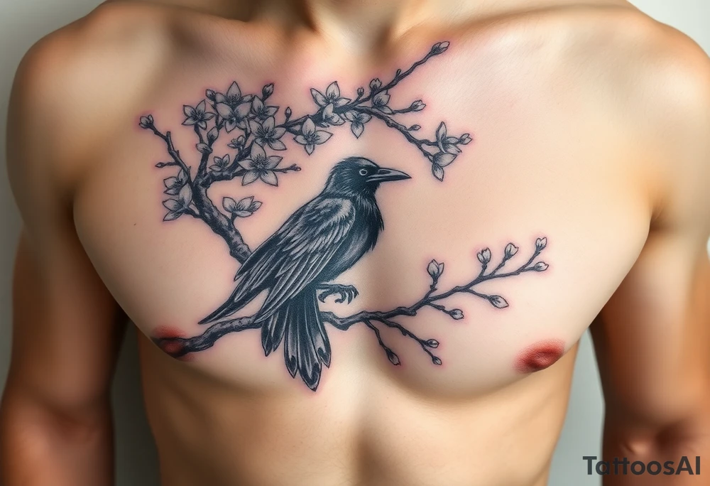 Japanese style cherry blossom tree with a raven in a branch tattoo idea
