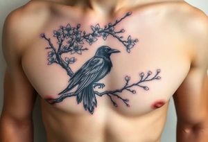 Japanese style cherry blossom tree with a raven in a branch tattoo idea