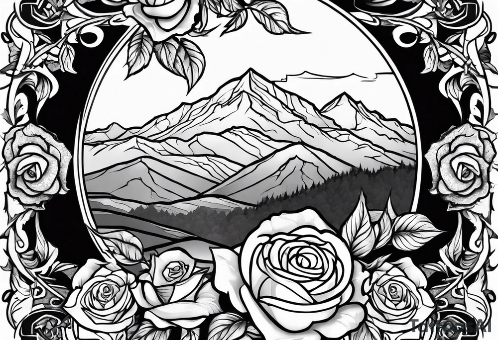 make a forearm sleeve that portraits Jesus Christ cross and mountains with roses tattoo idea