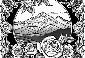 make a forearm sleeve that portraits Jesus Christ cross and mountains with roses tattoo idea