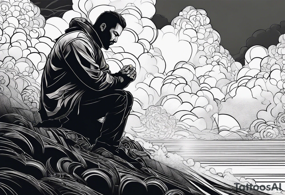 Men kneeling like he went through s bad time and a cloud looking like a debil behind him tattoo idea