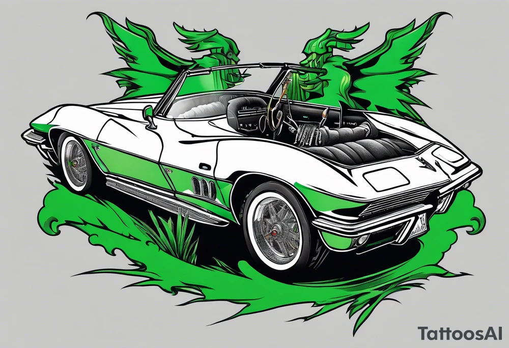 Skeleton smoking a cigarette driving a green 1976 convertible Corvette tattoo idea