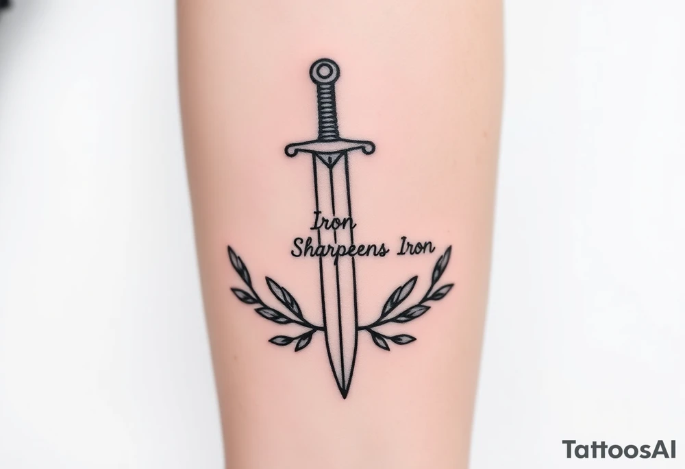 Tattoo sketch of a sword surrounded by olive branches, symbolizing strength and peace. “Iron Sharpens Iron” written subtly on the blade. Simple black linework, forearm tattoo. tattoo idea