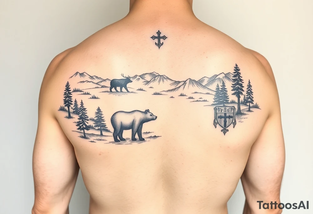 A full-armsleeve with the Härjedalen landscape, reindeer, bear, lakes, mountains (Helags), cross and Härjedalen's coat of arms on the hand tattoo idea