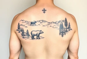 A full-armsleeve with the Härjedalen landscape, reindeer, bear, lakes, mountains (Helags), cross and Härjedalen's coat of arms on the hand tattoo idea