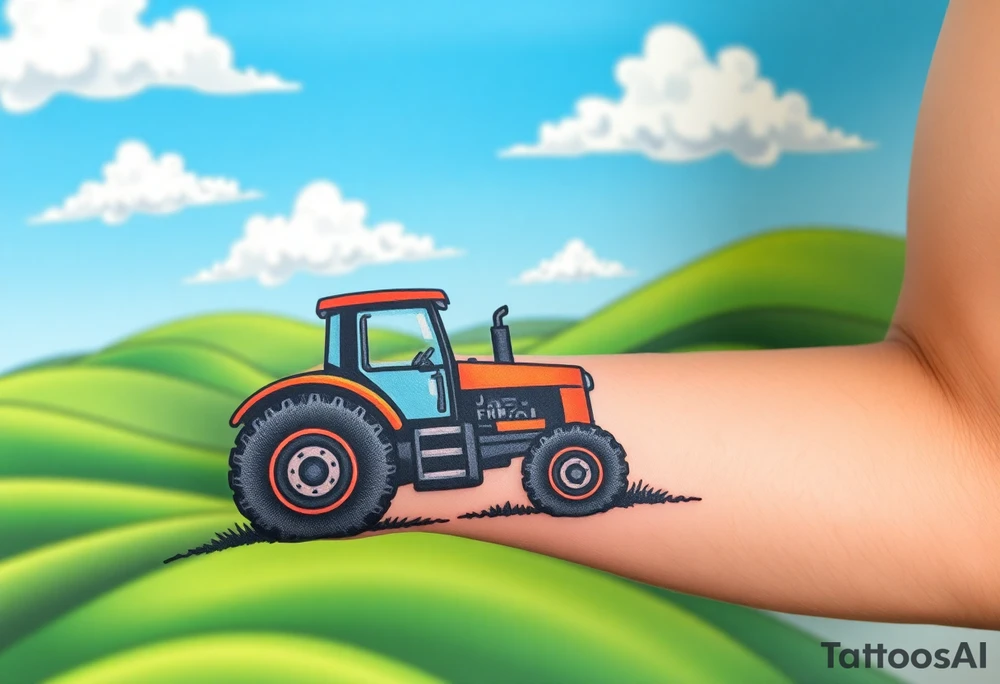 A tractor surrounded by rolling green hills, tractor is under a bright blue sky with white fluffy clouds tattoo idea