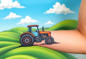 A tractor surrounded by rolling green hills, tractor is under a bright blue sky with white fluffy clouds tattoo idea