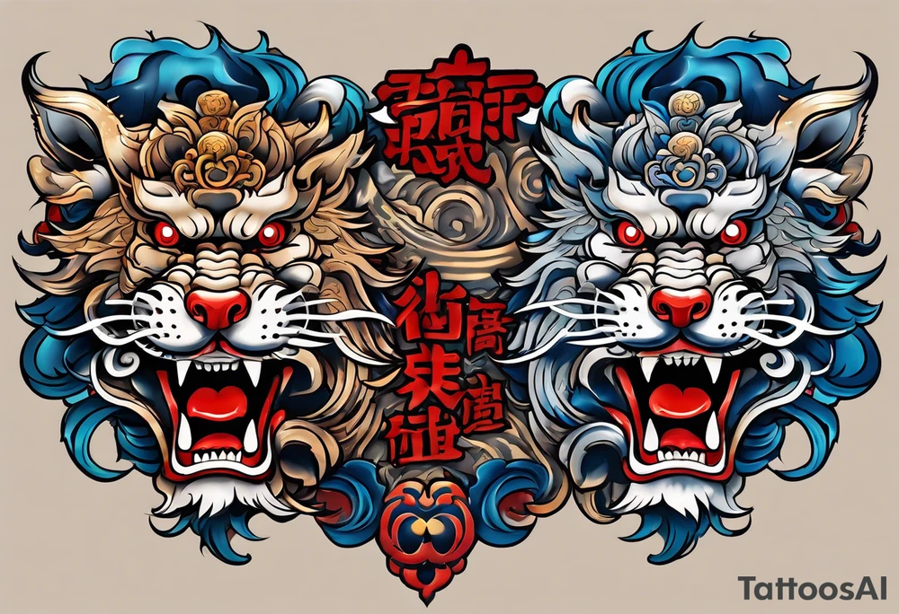 Double chest piece, done in Neo Japanese style of Okinawa shisa. On one side is the male with his mouth open, and the other side, the female with her mouth closed. tattoo idea