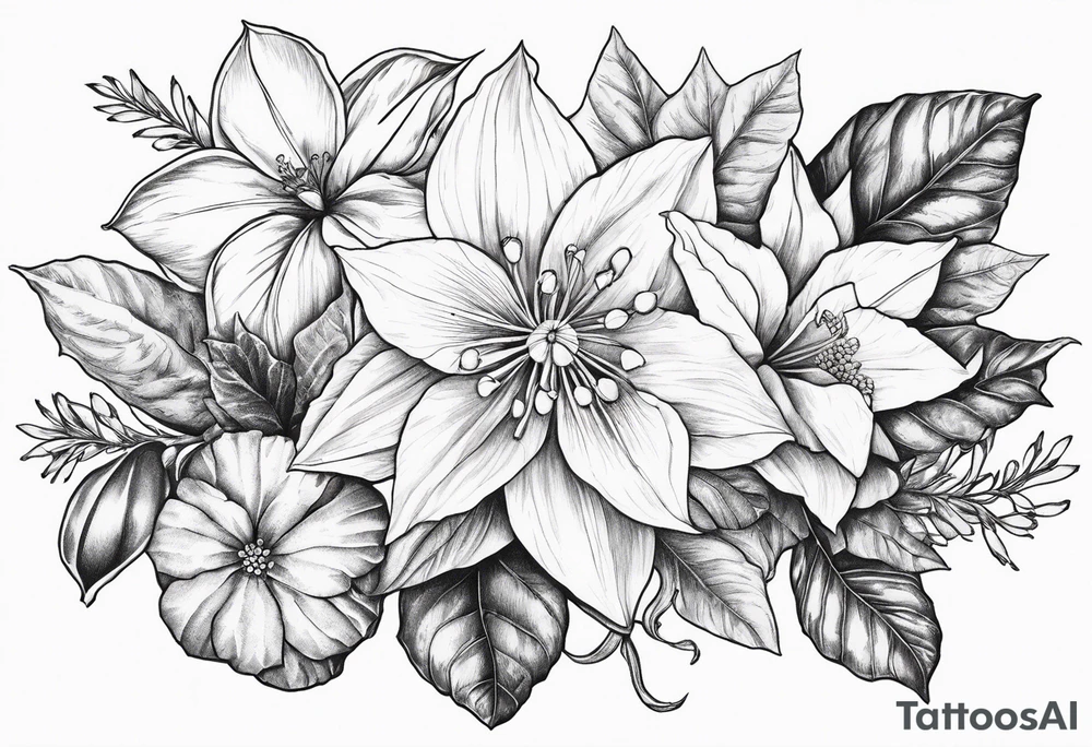 Narcissus, Poinsettia, Holly, Gladiolus, Poppy, Daisy, Sweet Pea tattoo idea