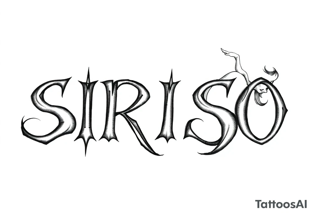 Abstract Tribal font saying “SIRISO” with all letters close together and the S in SIRISO connected to the O and a silloute of a sexy Latina woman in the shape of the words tattoo idea