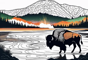 grand prismatic spring in a 
bison silhouette tattoo idea