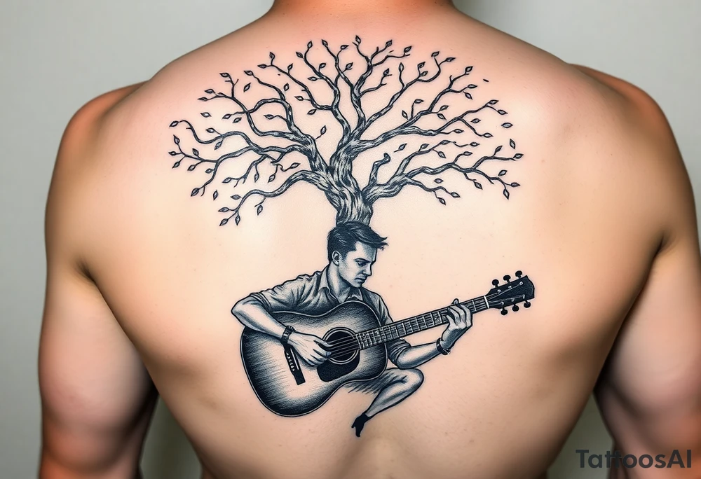 Man playing acoustic guitar underneath tree of life concept style tattoo idea