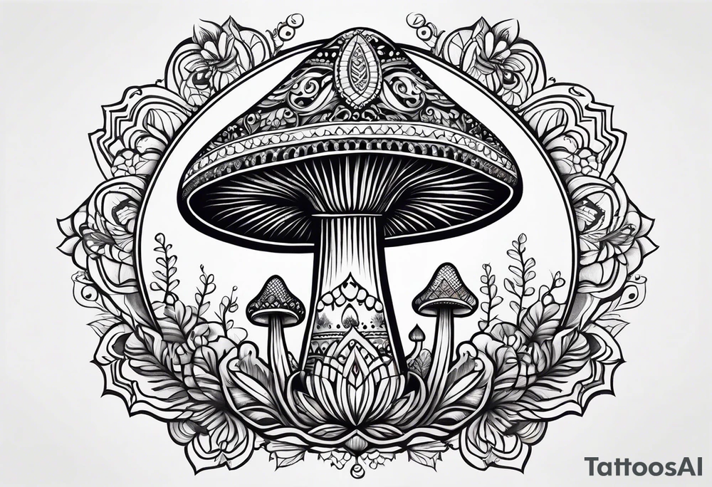 Black mushroom tattoo with henna style mandala design surrounding it tattoo idea