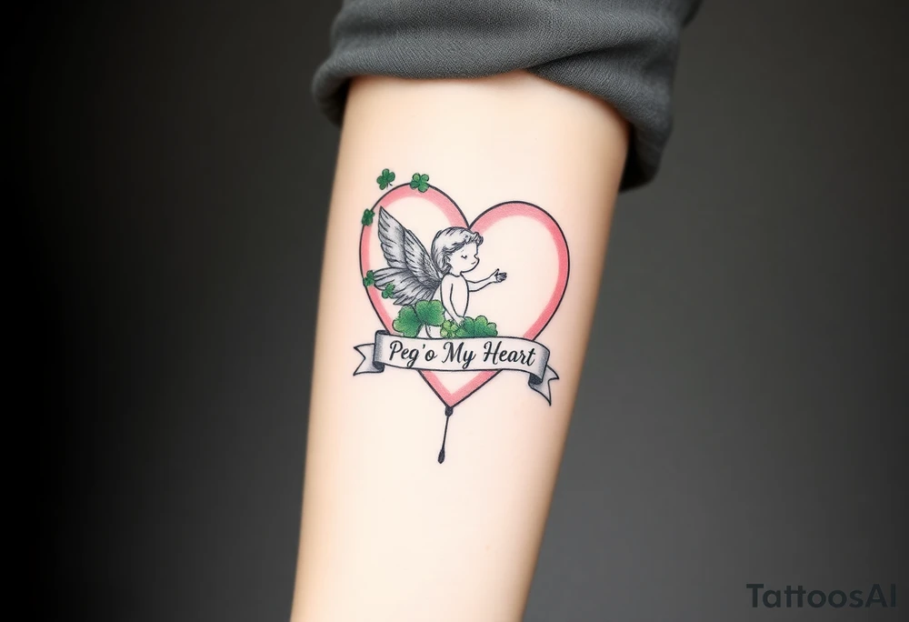 a big pale pink heart and a whimsical angel in a bunch of green shamrocks, a banner across the heart that says Peg 'o My Heart tattoo idea