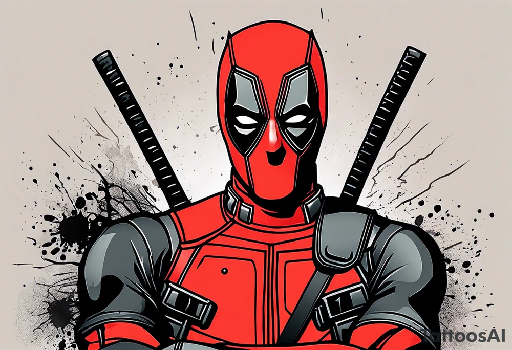 Banner with Text: A worn, dark banner wraps around Deadpool with the phrase "NEVER DEAD" in bold, cracked letters that give a strong and aggressive impression. The banner has small torn details, as if it’s been through rough conditions, with shading that adds depths. tattoo idea