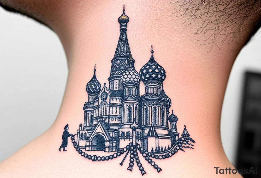 St. Basil's Cathedral scene with a christian orthodox in a ak47 style with a beaded orthodox thurible chain tattoo idea