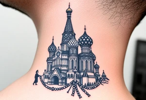 St. Basil's Cathedral scene with a christian orthodox in a ak47 style with a beaded orthodox thurible chain tattoo idea