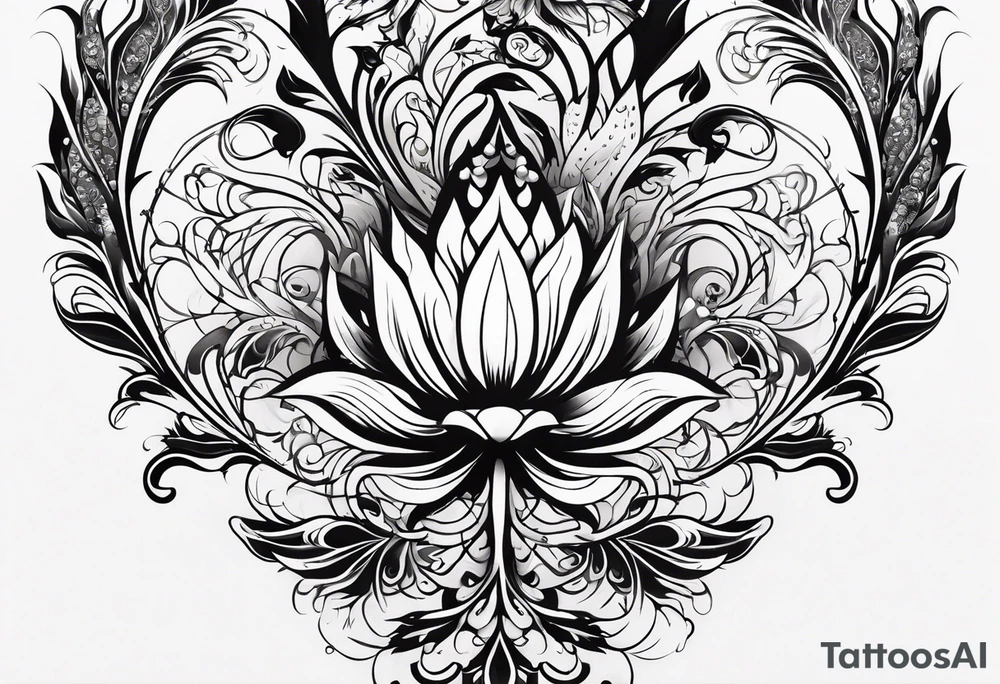 one vertical tattoo that combines lotus flower, phoenix and helix, strength and resilience symbols tattoo idea