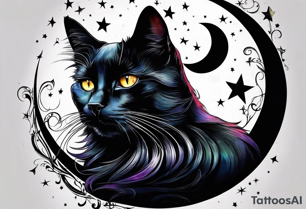 Photo realistic black cat head with moon and stars tattoo idea