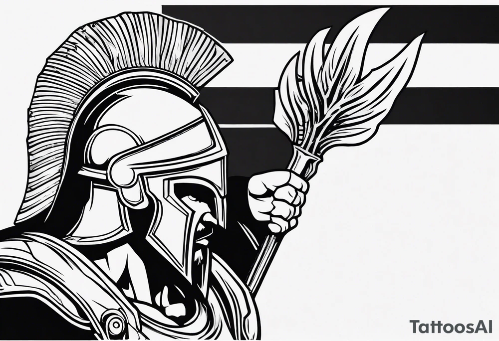 rectangular landscape format ultra-fine line linework vector of a spartan from the side, spartan spear, spartan shield, laurel wreath tattoo idea