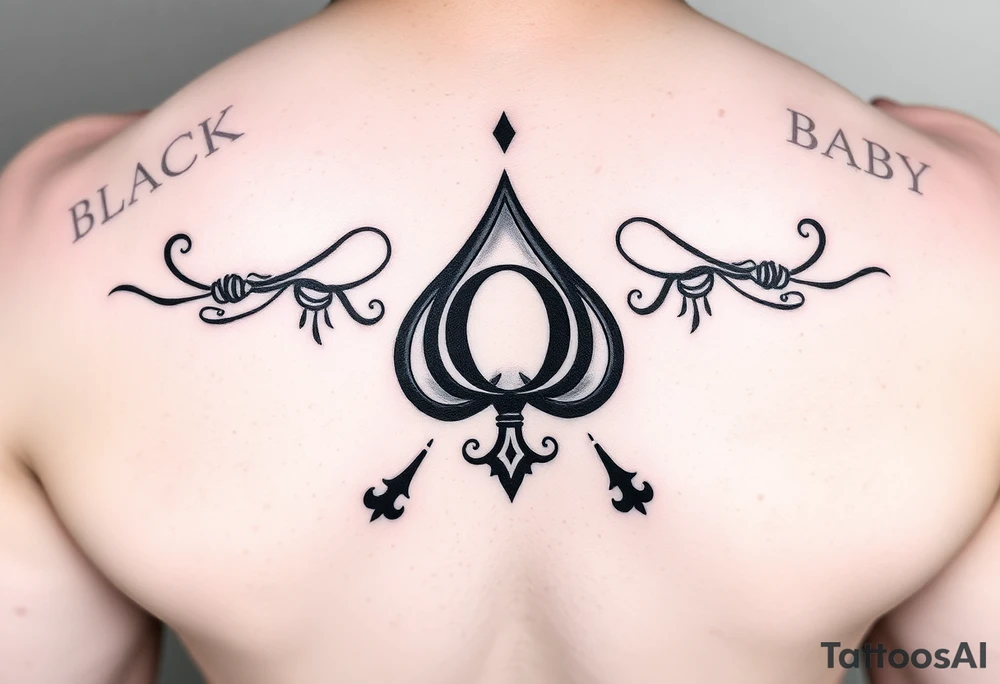A spade womb tattoo with a Q in the center, with three points around the outside. The first reading, "BLACK". The second reading, "BABY". The third reading, "ONLY". tattoo idea