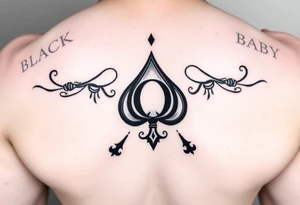 A spade womb tattoo with a Q in the center, with three points around the outside. The first reading, "BLACK". The second reading, "BABY". The third reading, "ONLY". tattoo idea