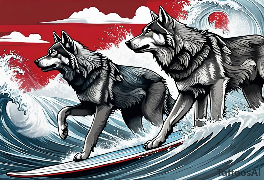 a pack of 3 howling muscular  gray wolves surfing waves with a linear background with red, white and black and gray tattoo idea