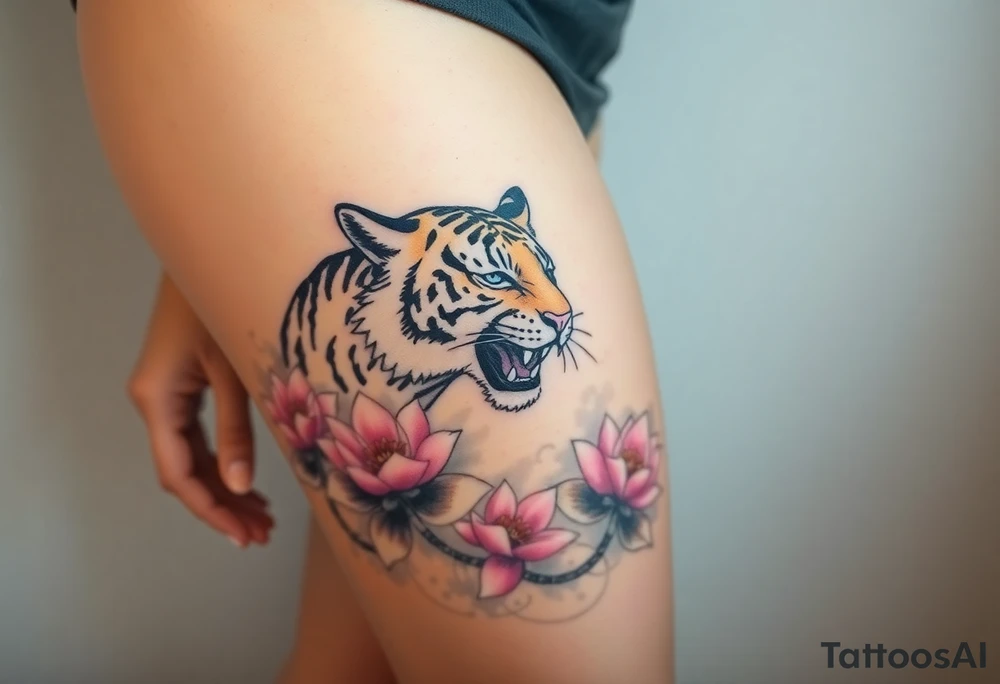 fierce tiger emerging through blooming lotus flowers in mist tattoo idea
