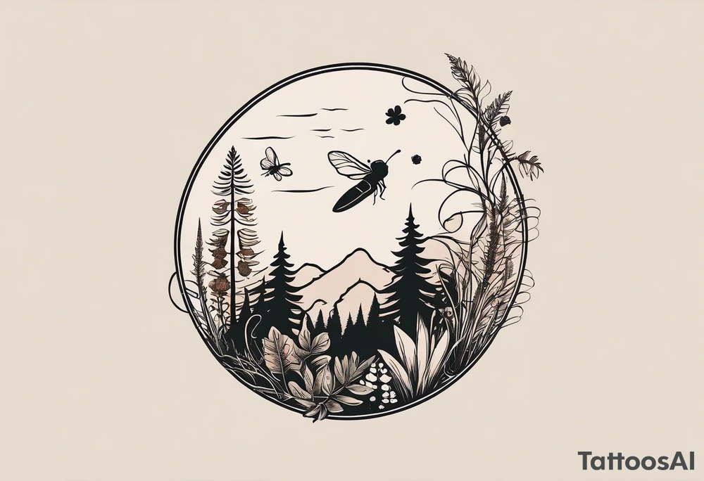 forest floor inspired minimalist tattoo, which includes grass, curly ferns, moss and dead leaves as the bulk of the tattoo. details to include: forest berries, a tiny bumblebee flying nearby, three small brown mushrooms
Generate a vertically long one tattoo idea
